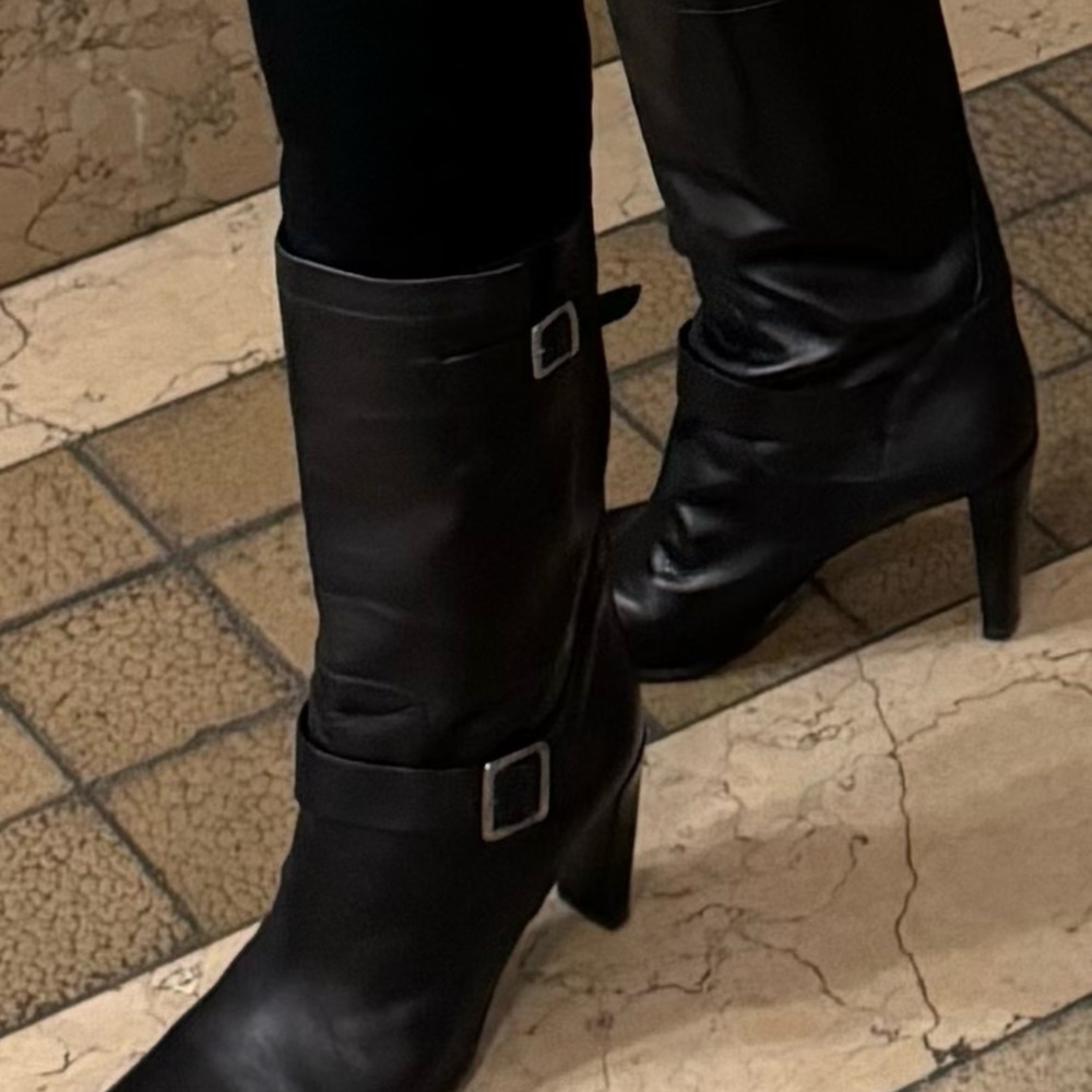 Calvin Klein Black leather Boots with Stacked Heel.